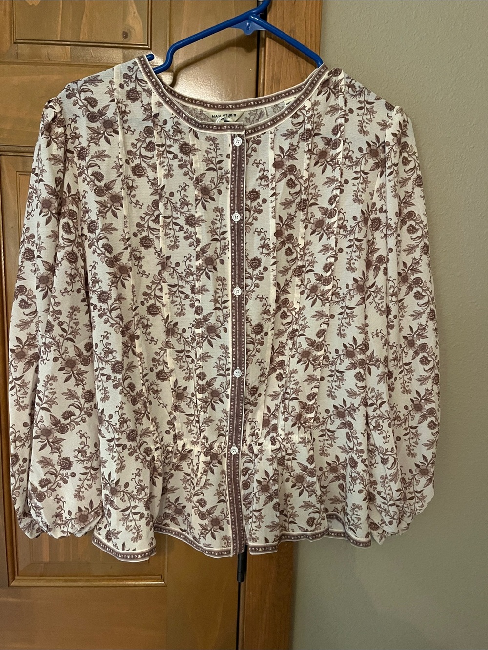 Max Studio Cream Blouse with Brown Floral Print